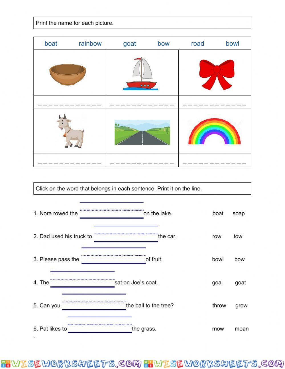 Phonics - Regular Double Vowels ie-oe-ow-oa