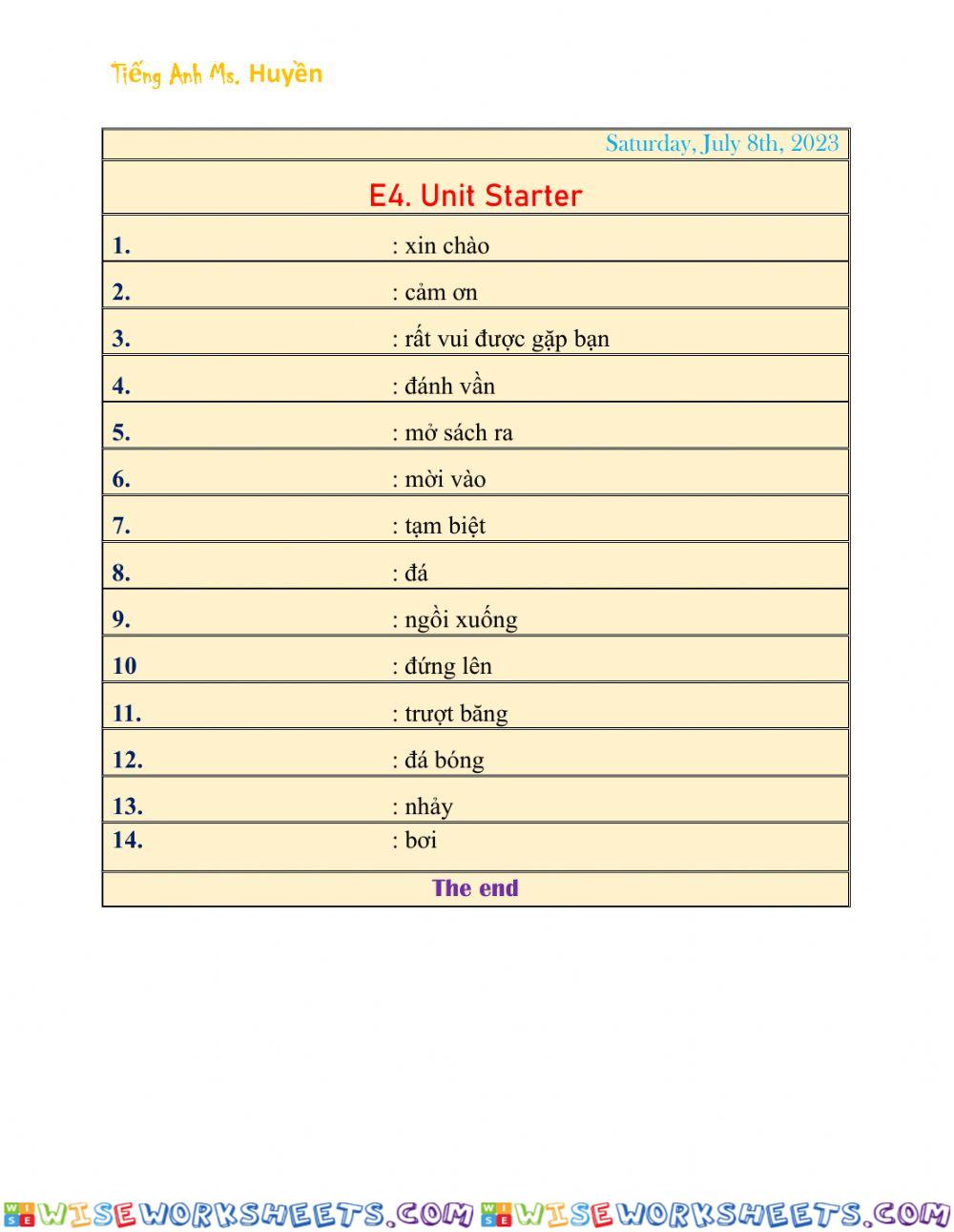 E4.unit starter vocab