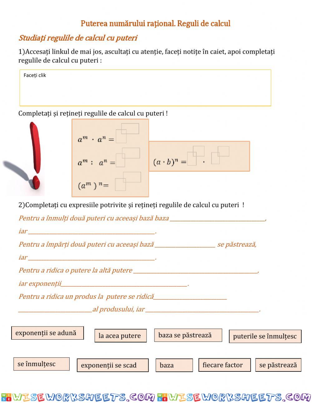 Reguli de calcul cu puteri-Clasa VI