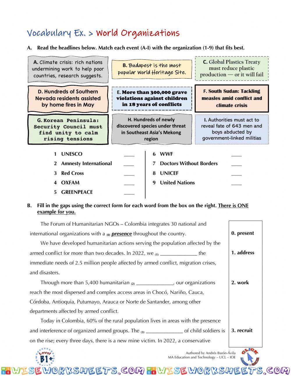 Vocabulary Ex.: World Organizations - NGOs