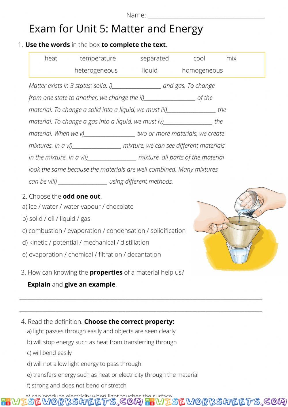 Natural Science, Unit 5: MATTER AND ENERGY, exam (part 1)