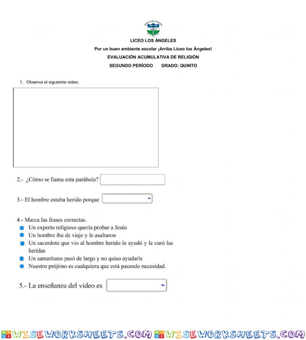 Grado 5° examen acumulativo religión