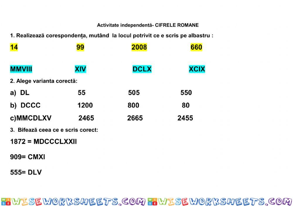 Cifrele romane- activitate independentă