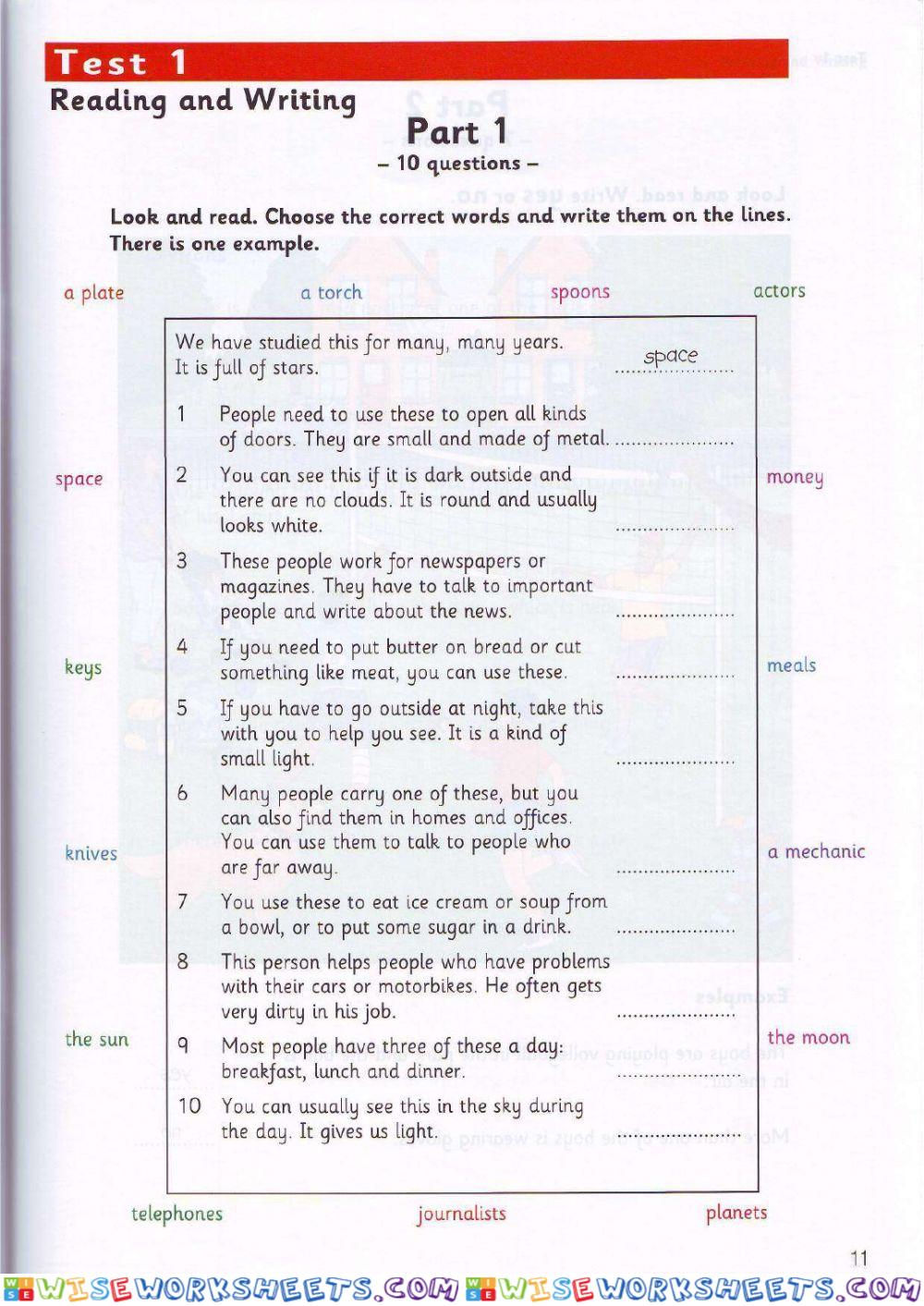 Flyers 6 Test 1 Reading and Writing Part 1, 7