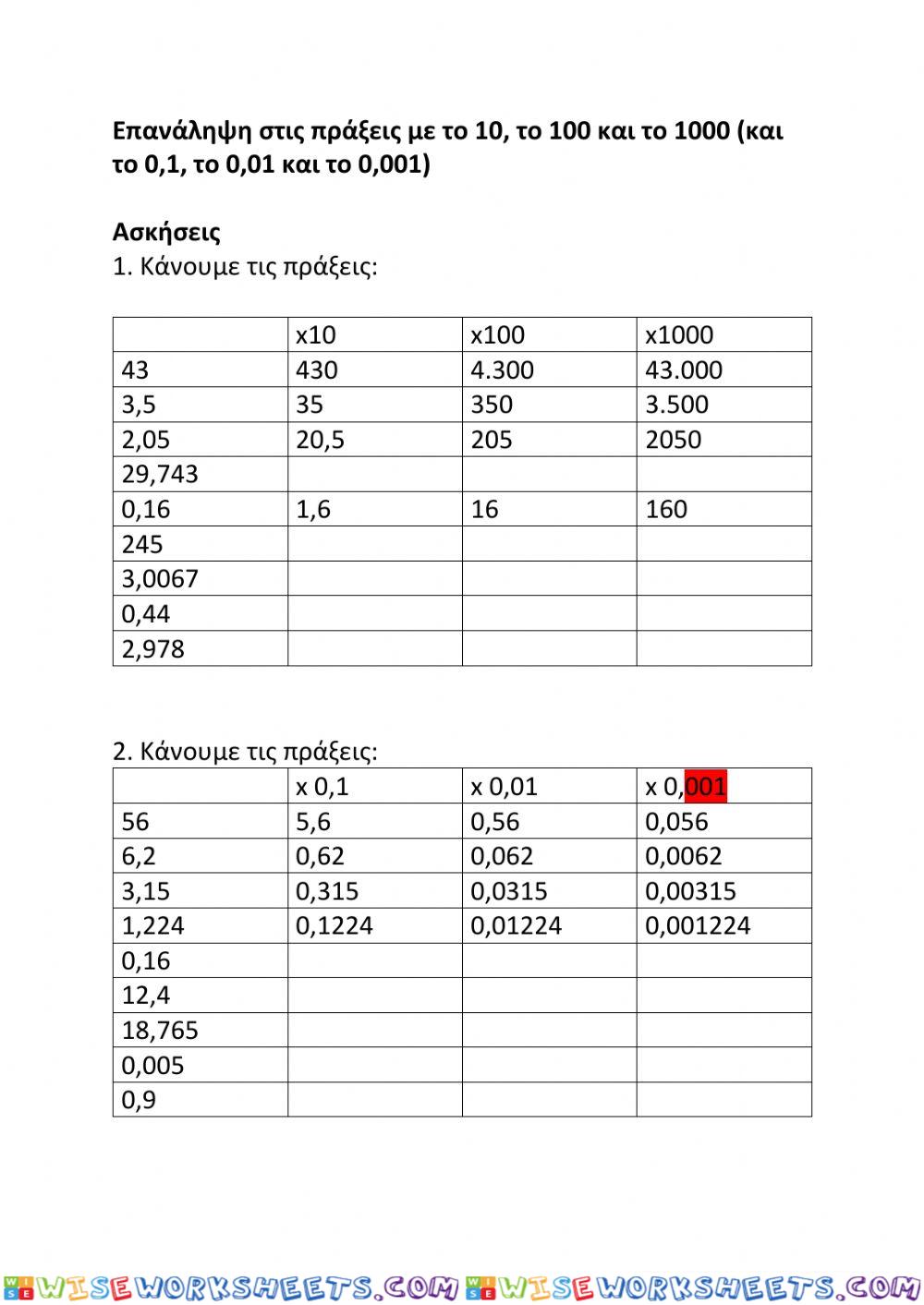 Πολλαπλασιασμοί και διαιρέσεις με πολλαπλάσια και υποπολλαπλάσια του 10