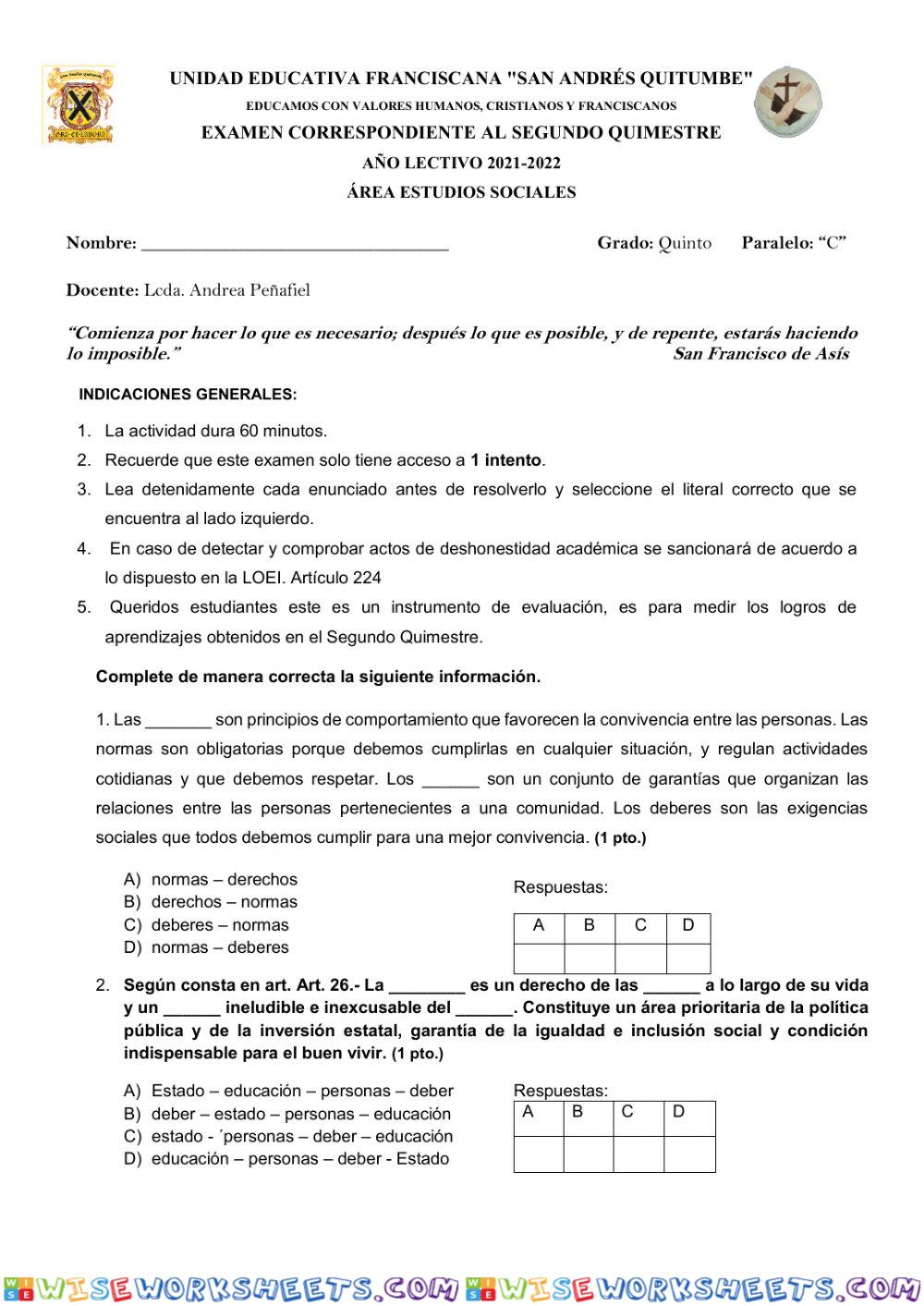 EXAMEN II QUIMESTRE ESTUDIOS SOCIALES