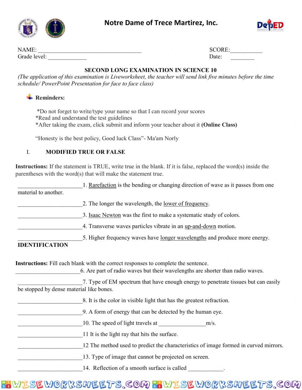 2nd Quarter Long Exam in Science 10