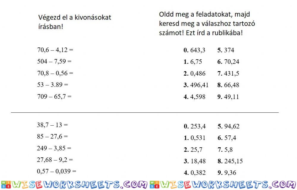 Tizedes törtek kivonása