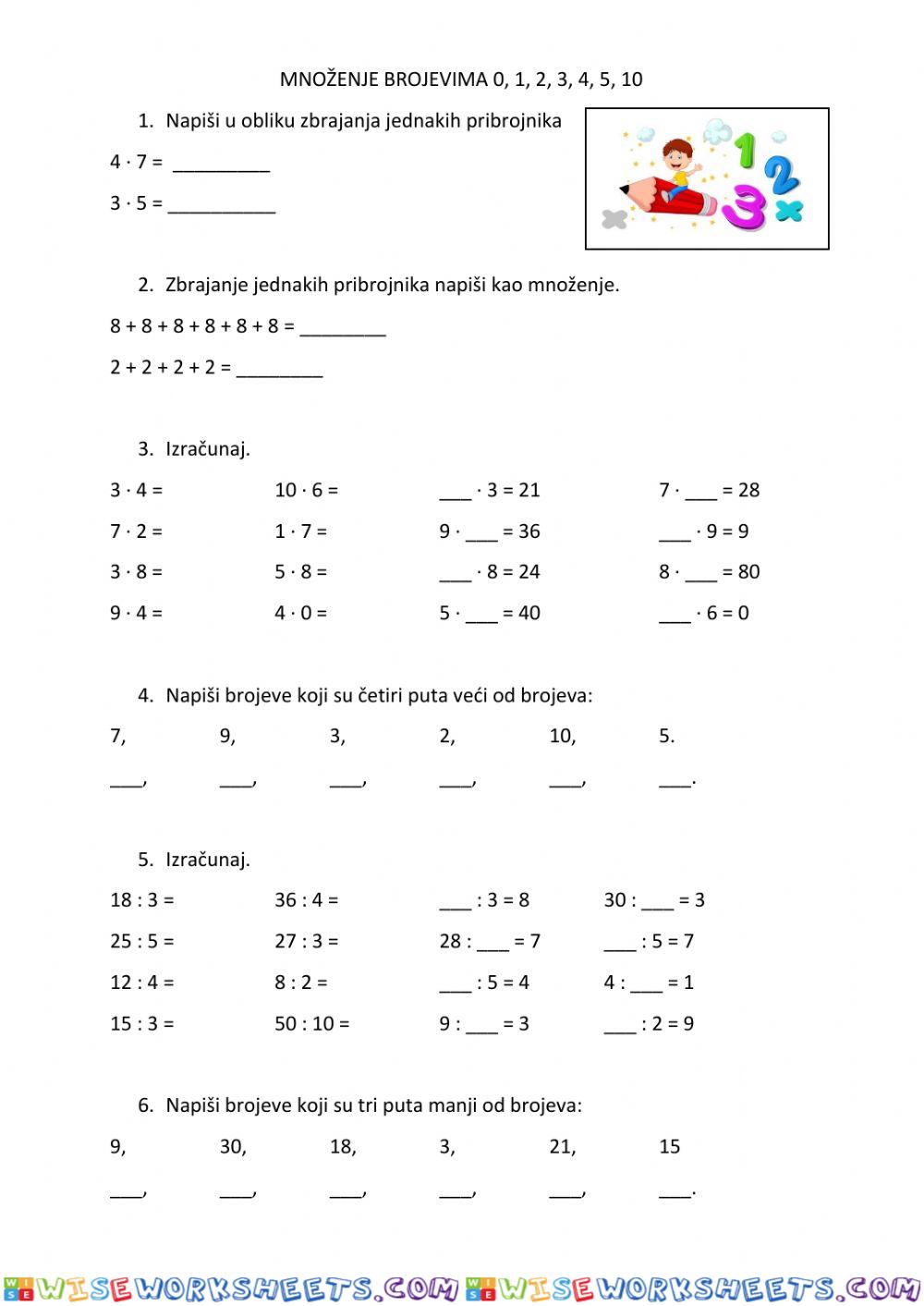 Množenje brojevima 0,1,2,3,4,5 i 10