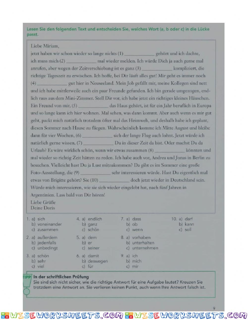Leseverstehen Lückentext