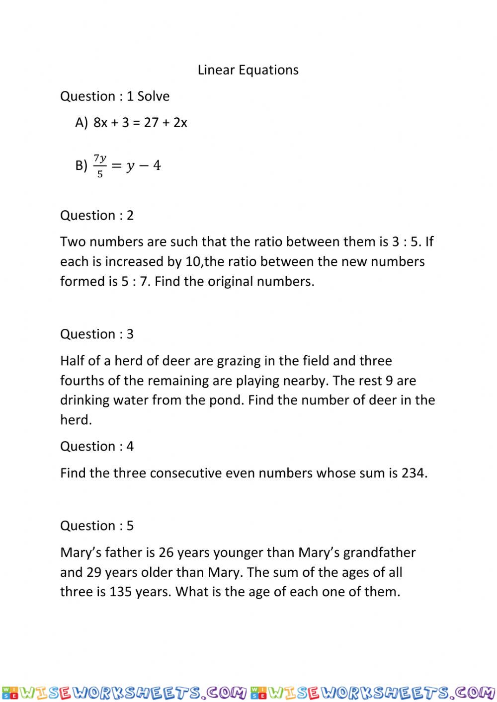 Linear Equation Word Problems