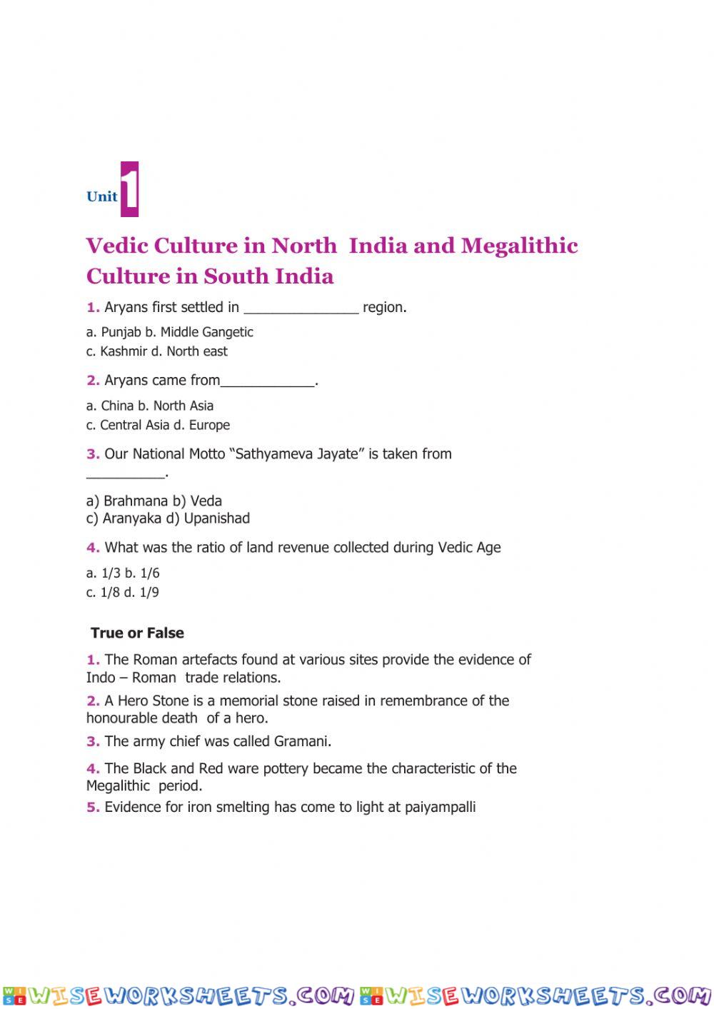 Vedic Culture In North India and Megalithic Culture in South India