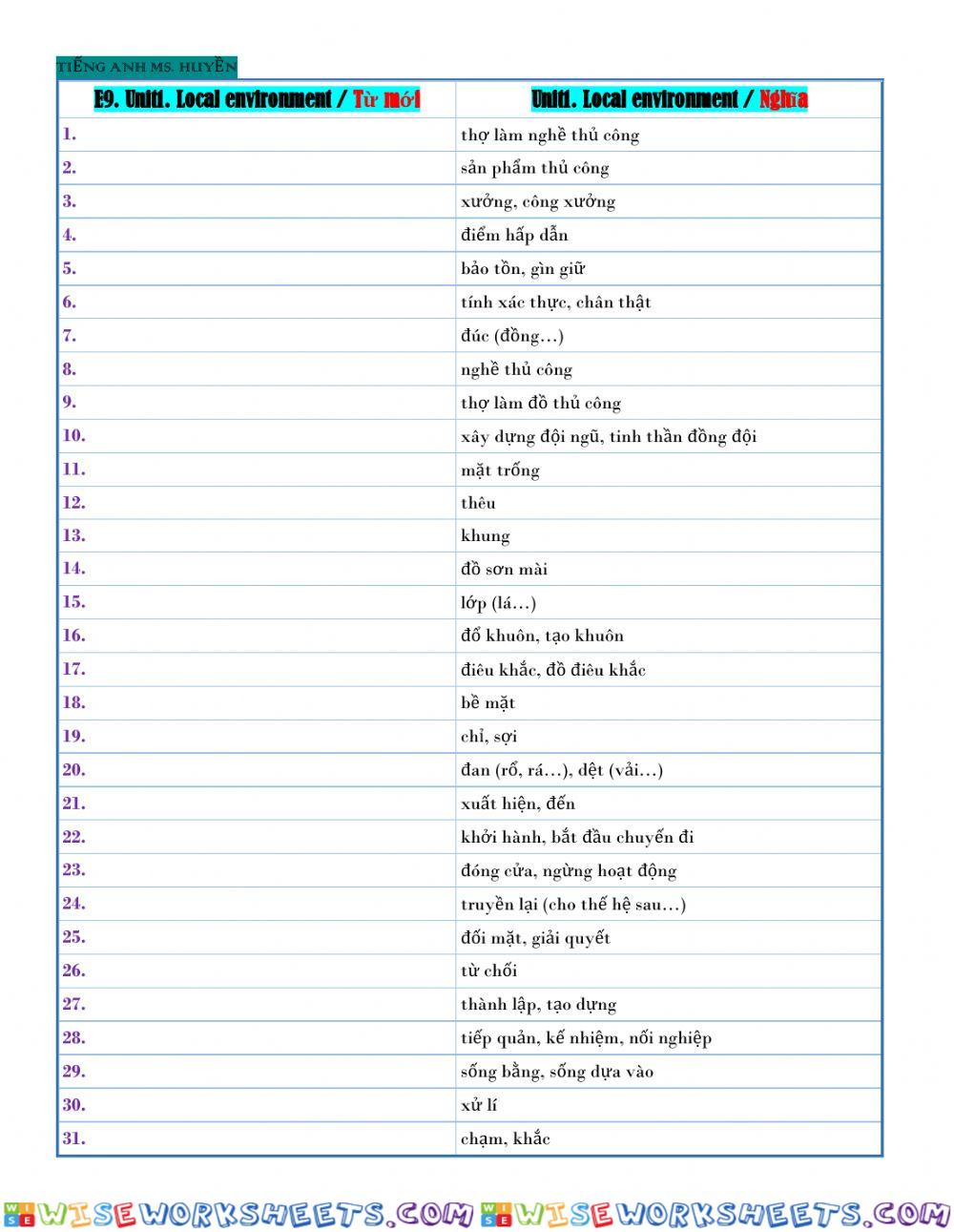 E9. unit 1. local environment- vocab