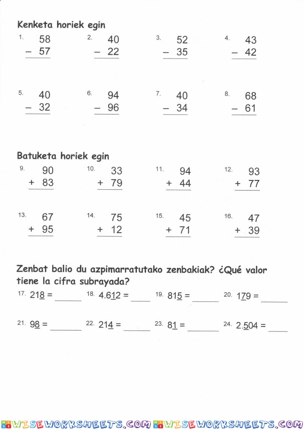 Batuketak, kenketak zifren balioa