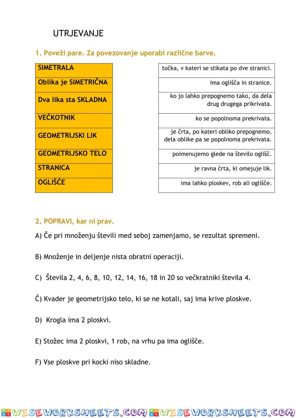 Utrjevanje geometrija in poštevanka