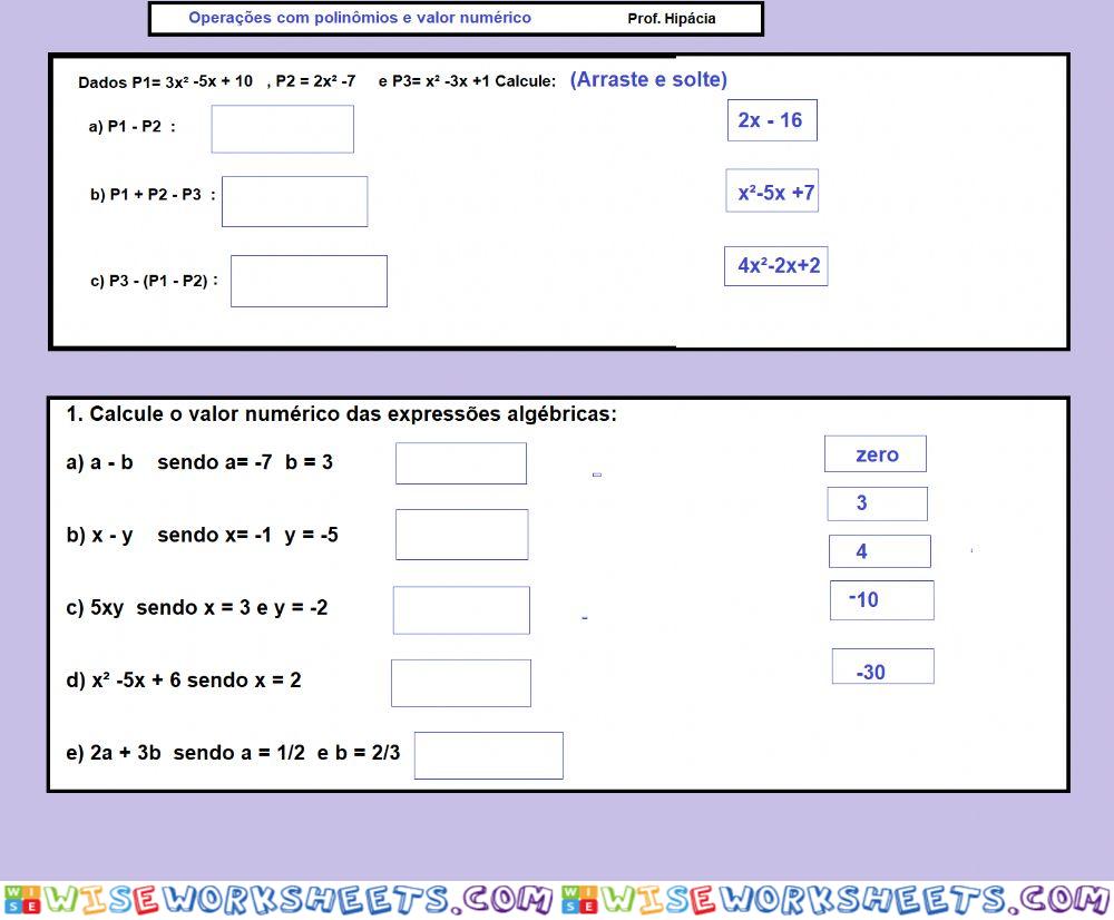 Adição de polinômios e valor numérico expressão algébrica