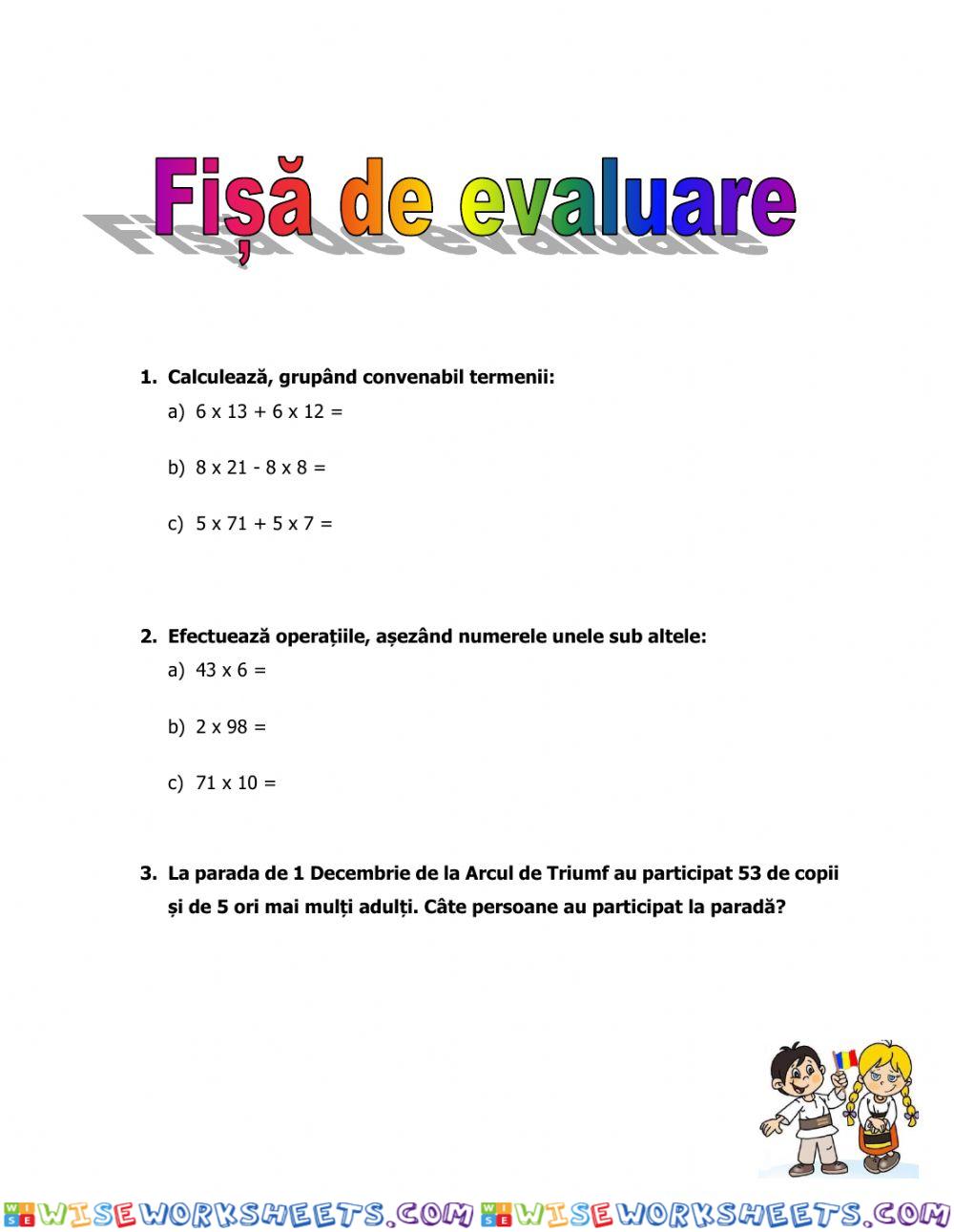 Fișă de evaluare la matematică