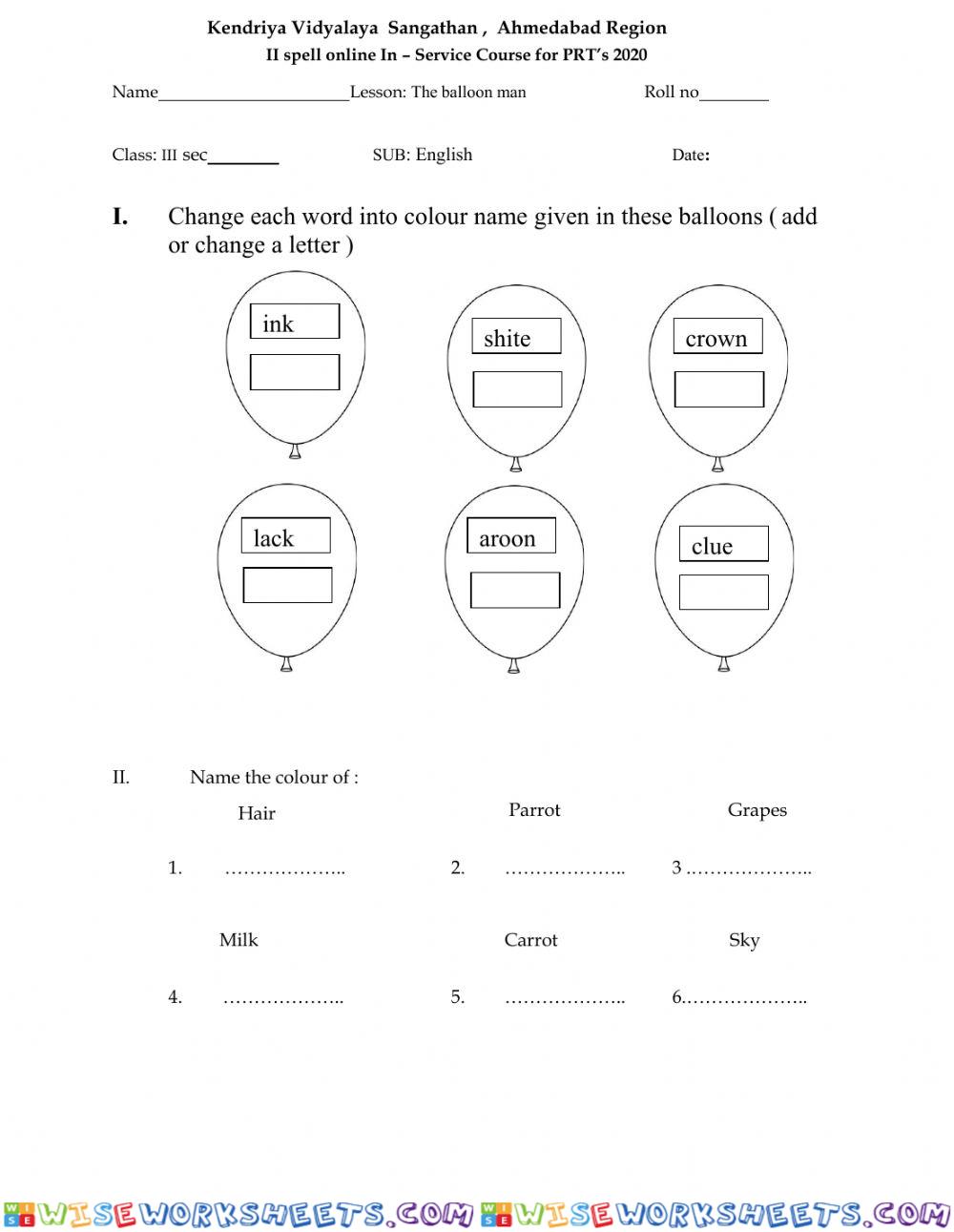 Class -3 work sheet