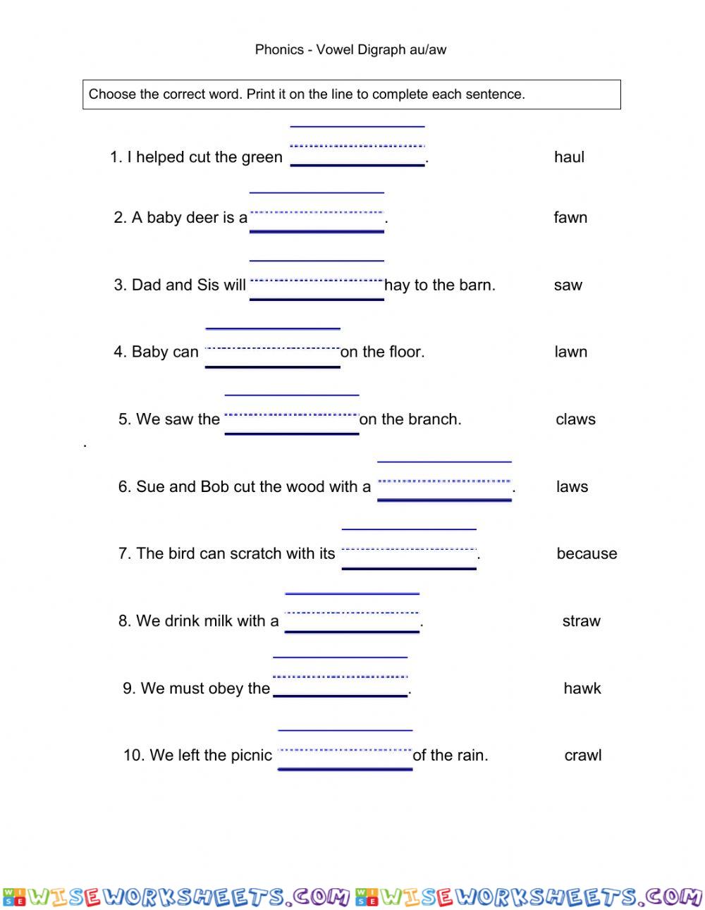 Phonics - Vowel Digraphs au-aw