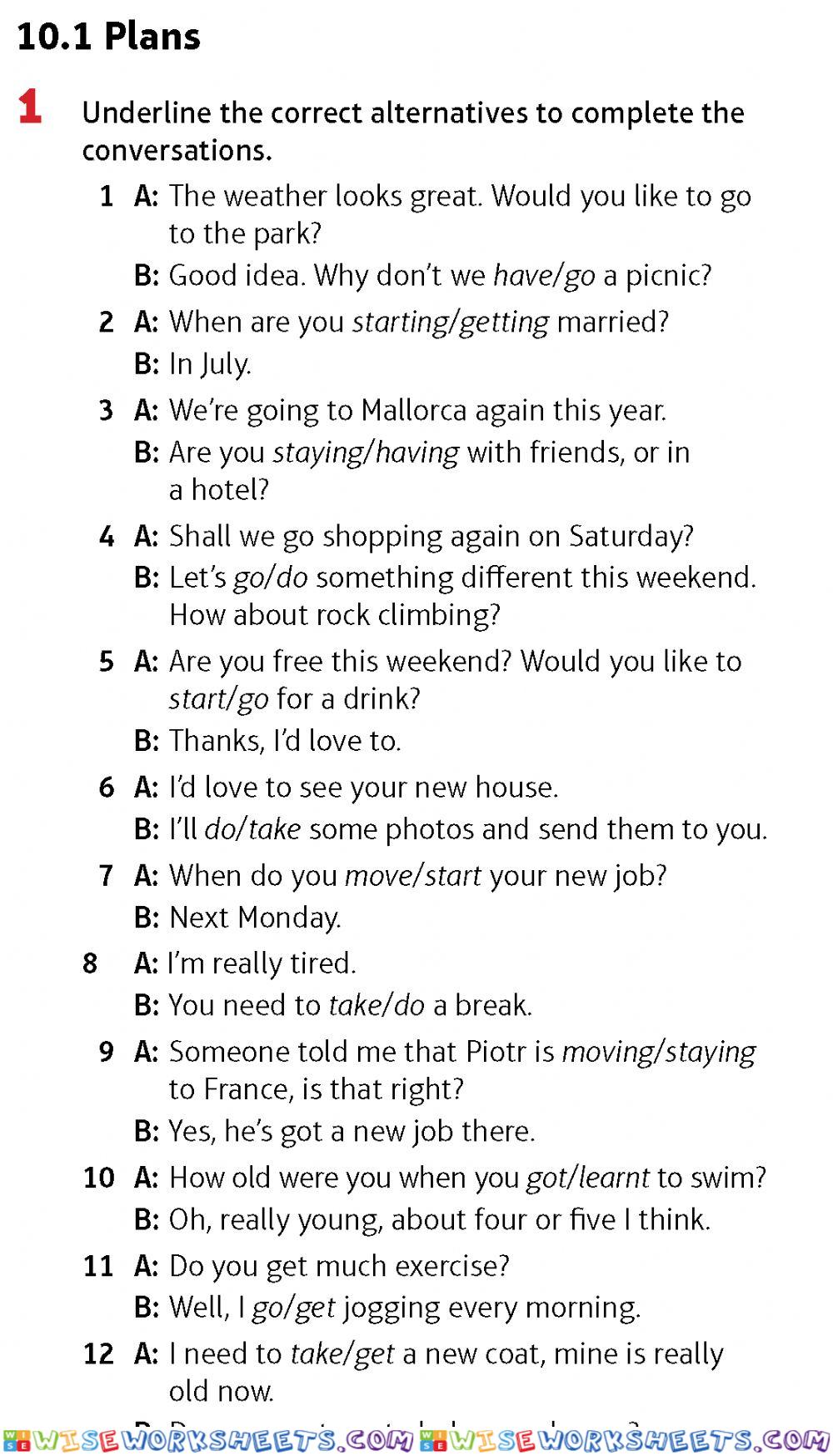 Vocabulary Plans - Speakout Elementary Unit 10
