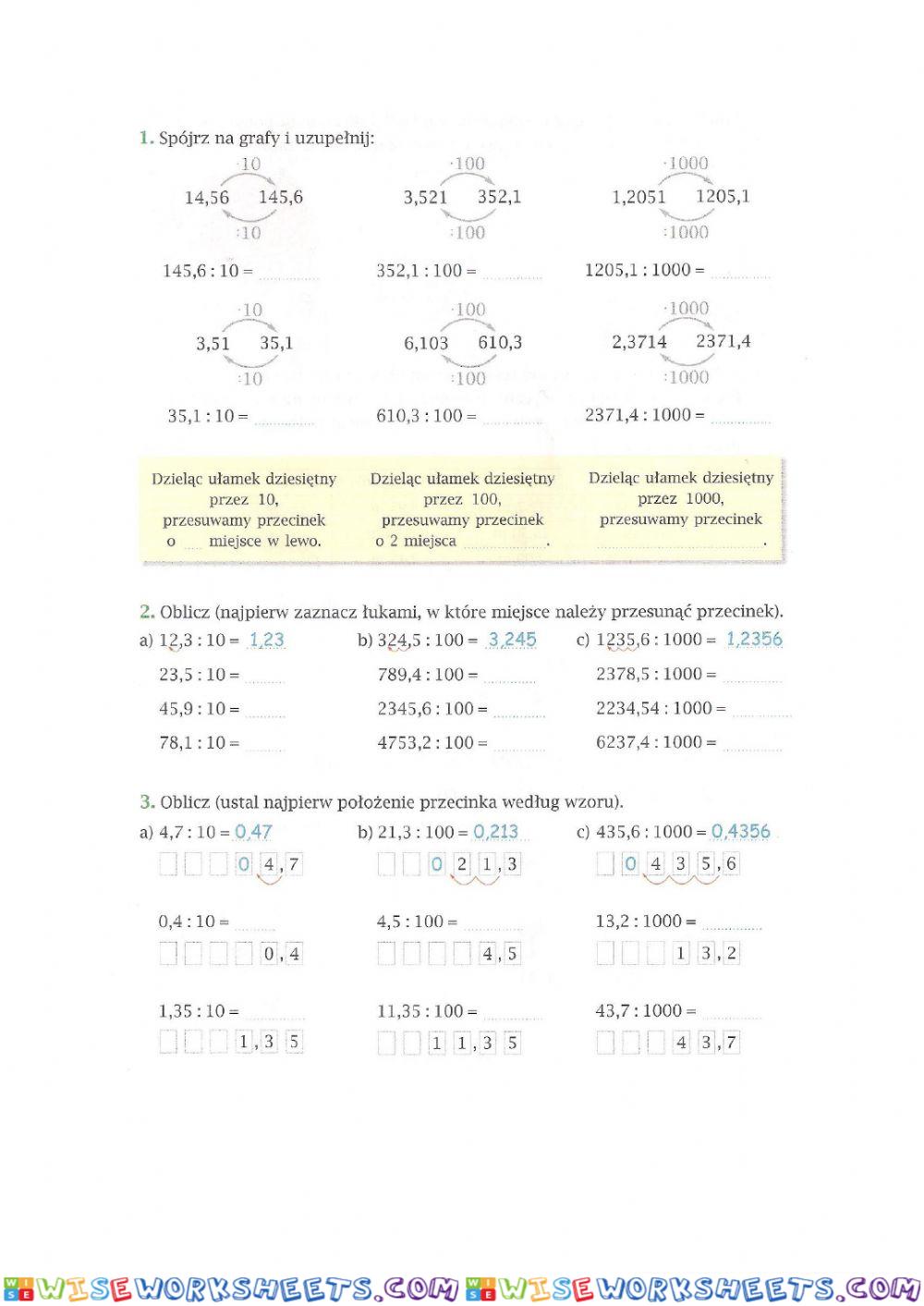 Dzielenie ułamków dziesiętnych przez 10,100, 1000...