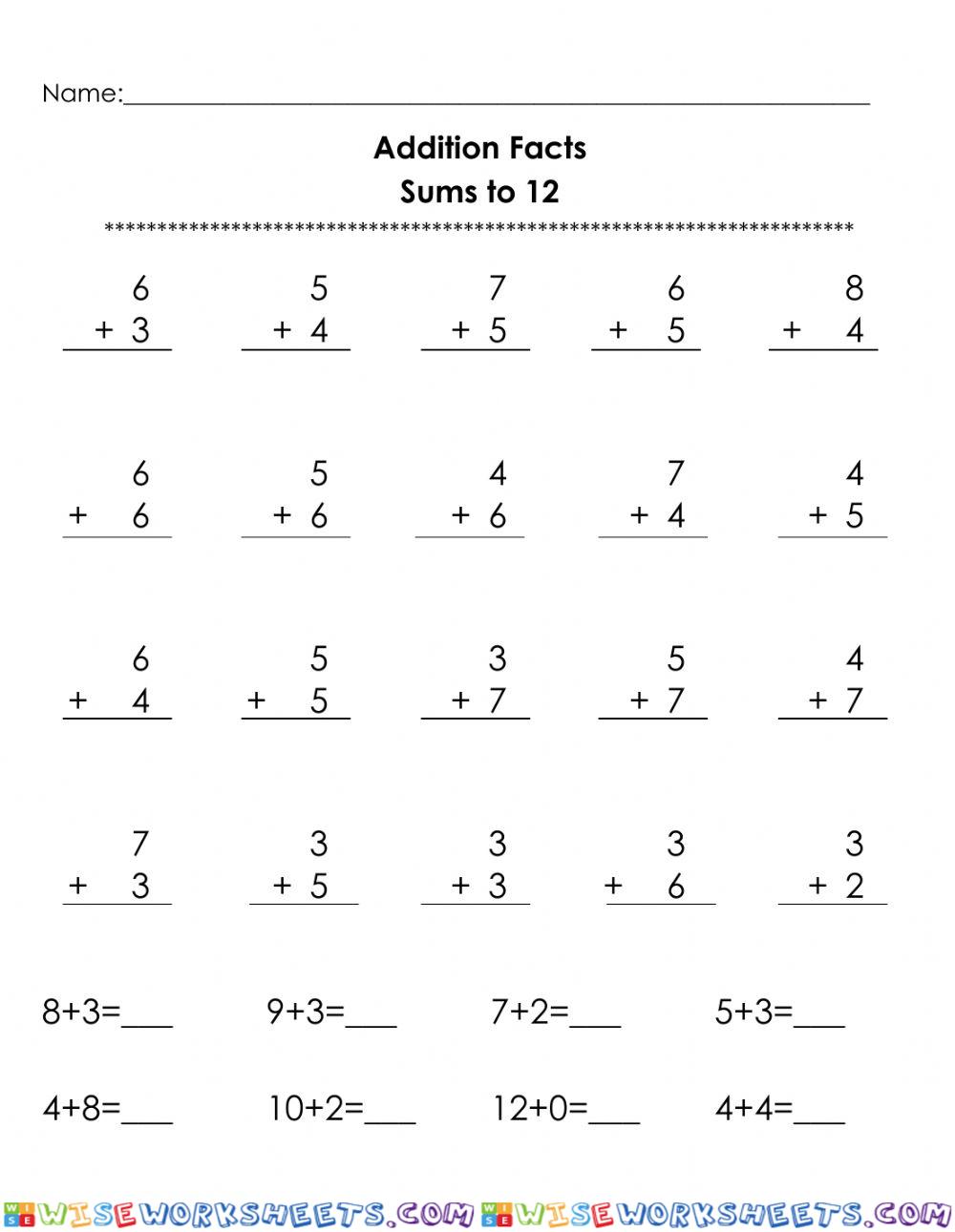 Addition Sums to 12