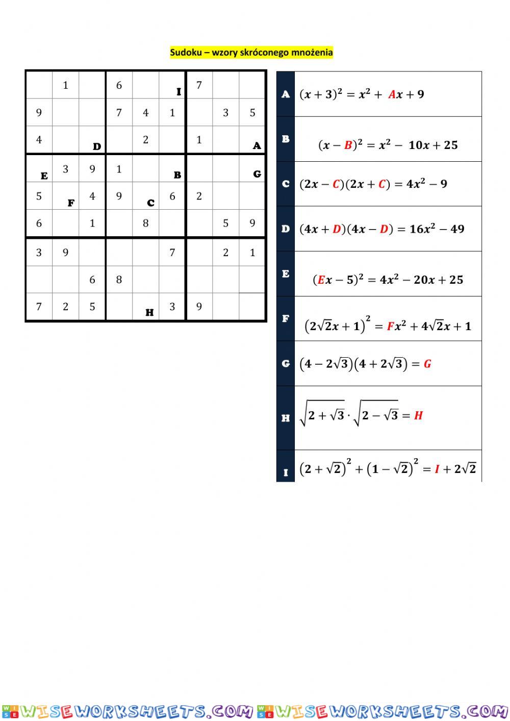 Wzory skróconego mnożenia - sudoku