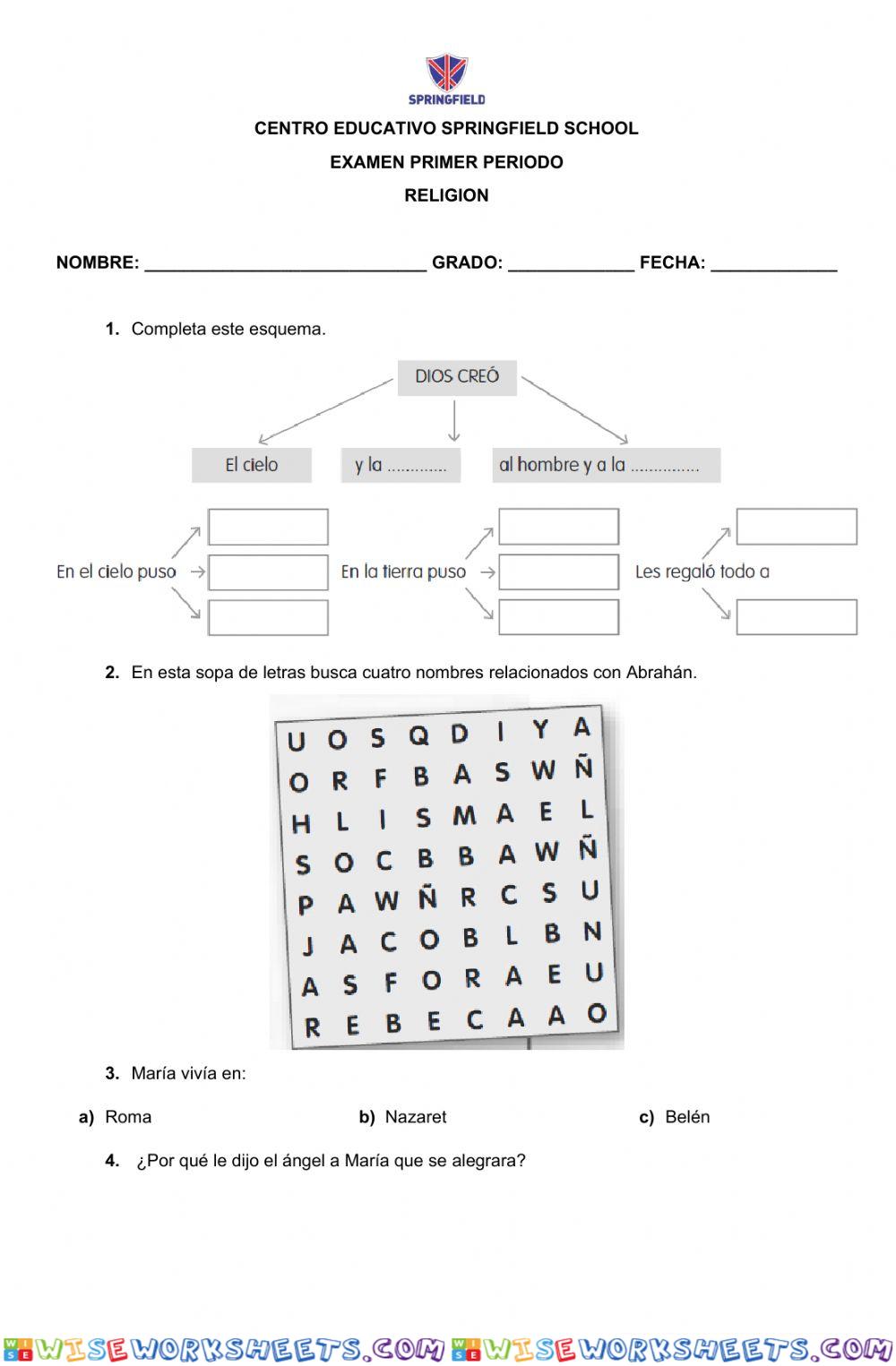 Examen de religion 1er periodo