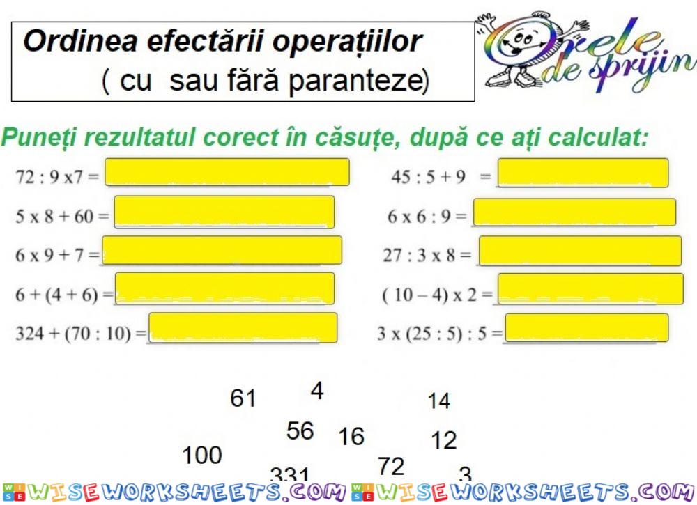 Ordinea efectuării operațiilor cu sau fără paranteze