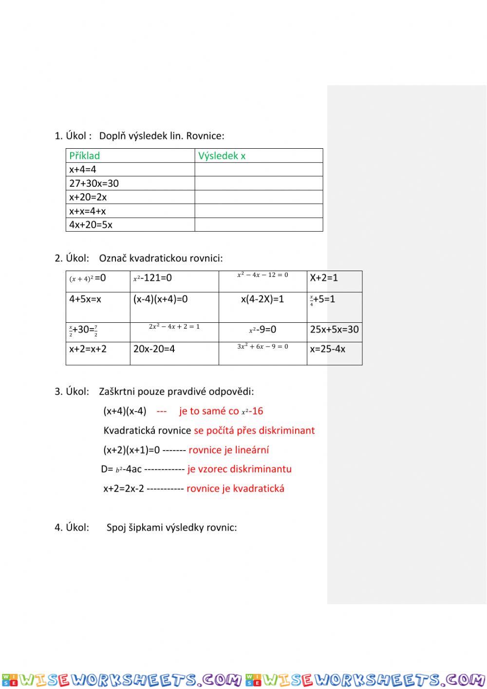 Pracovní list- lineární a kvadratické rovnice