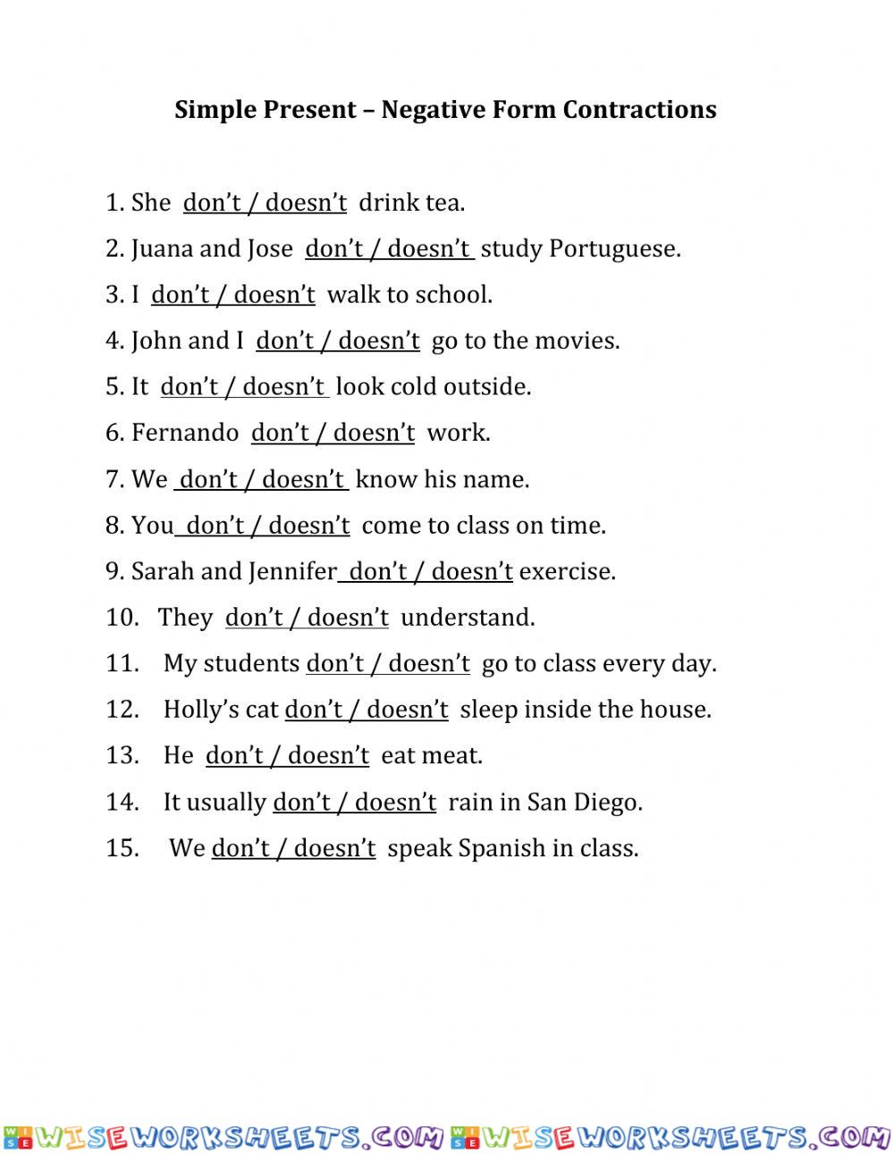 Simple Present Tense - Negative Contrations