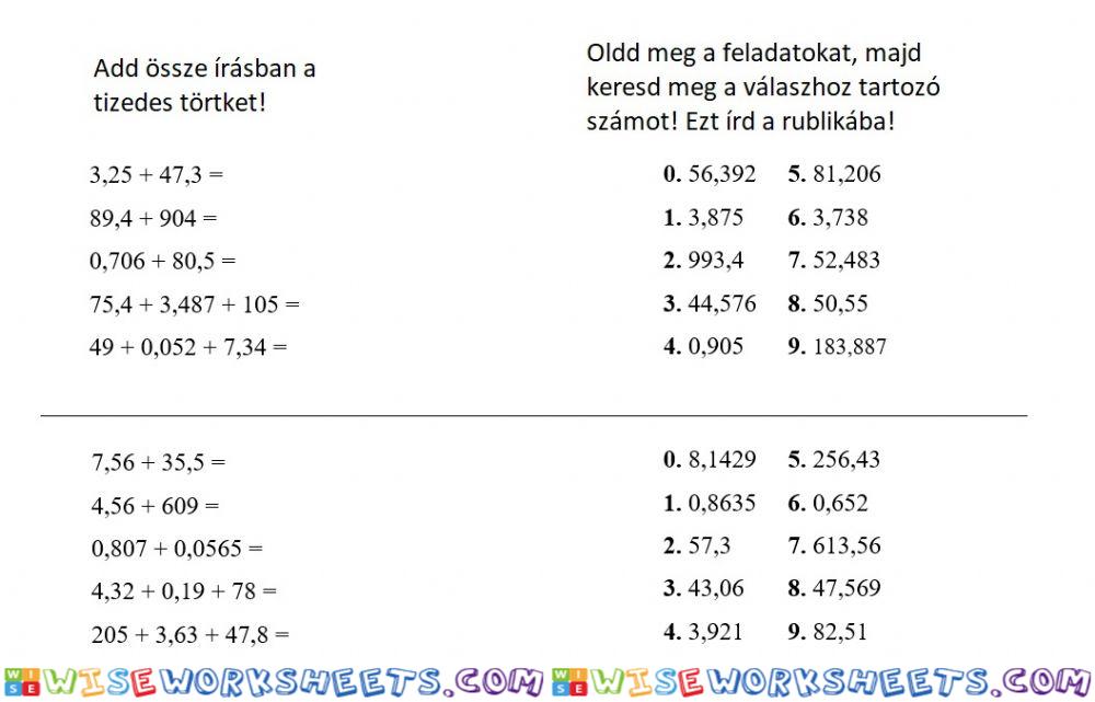 Tizedes törtek összeadása