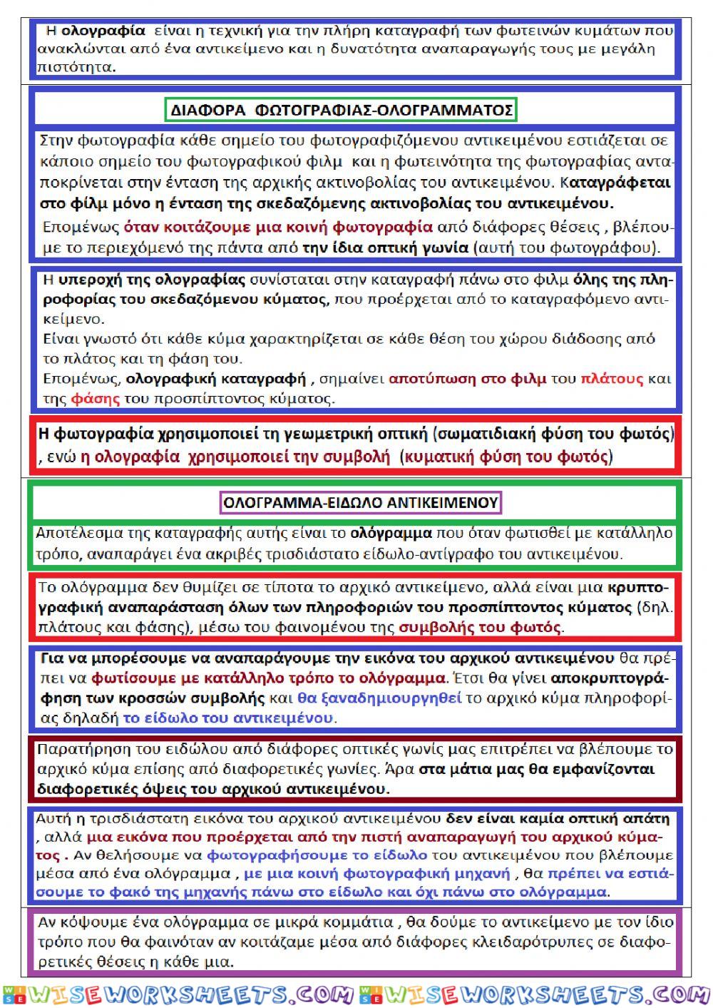 Holograms properties