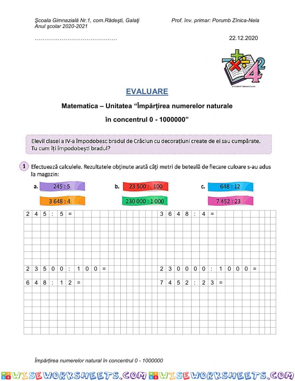 Împărțirea numerelor în concentrul 0-1000000