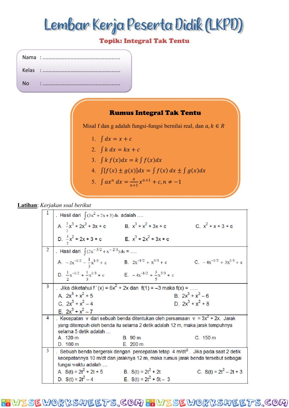 Integral Tak Tentu