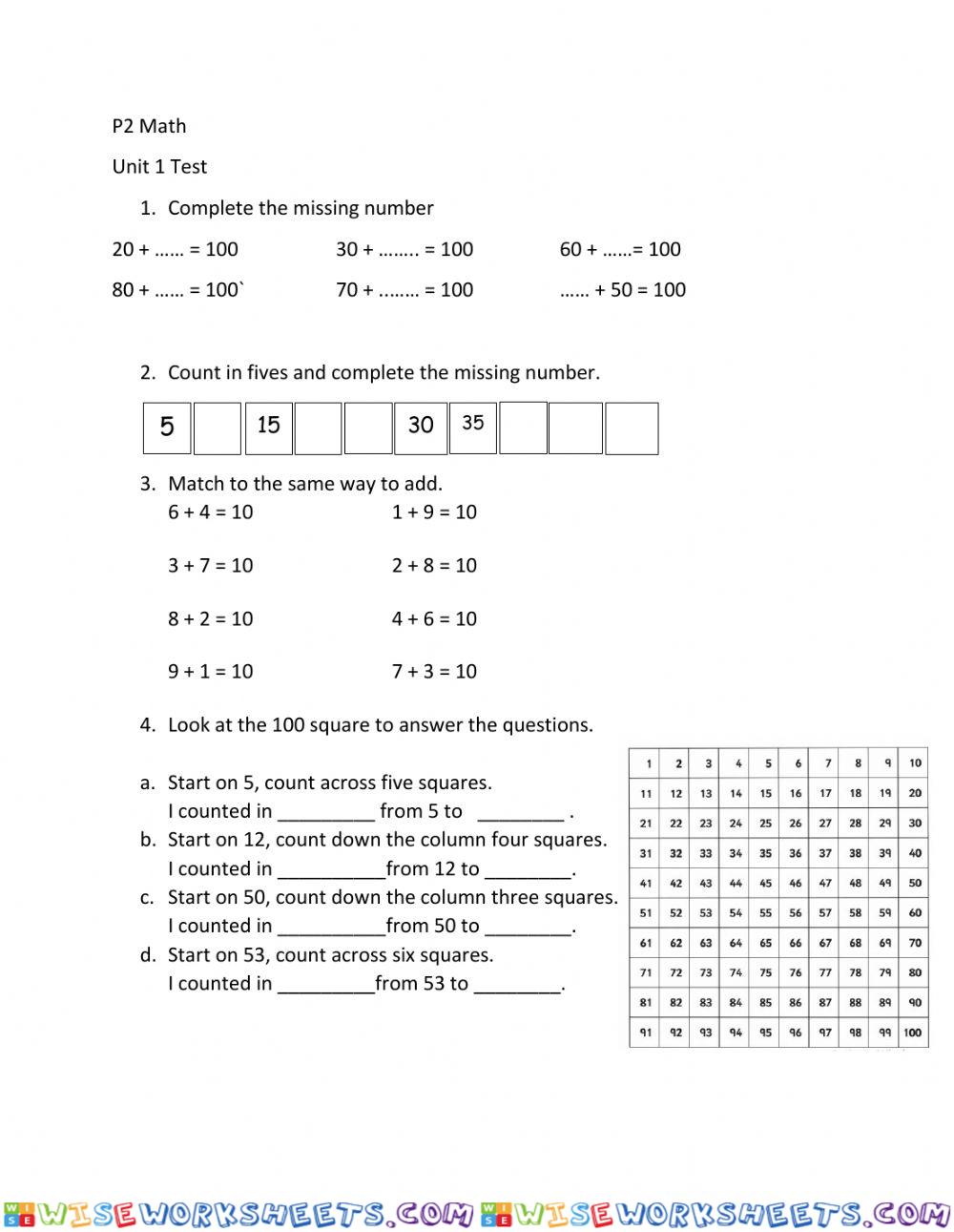 Grade 2 Math addition unit 1 test