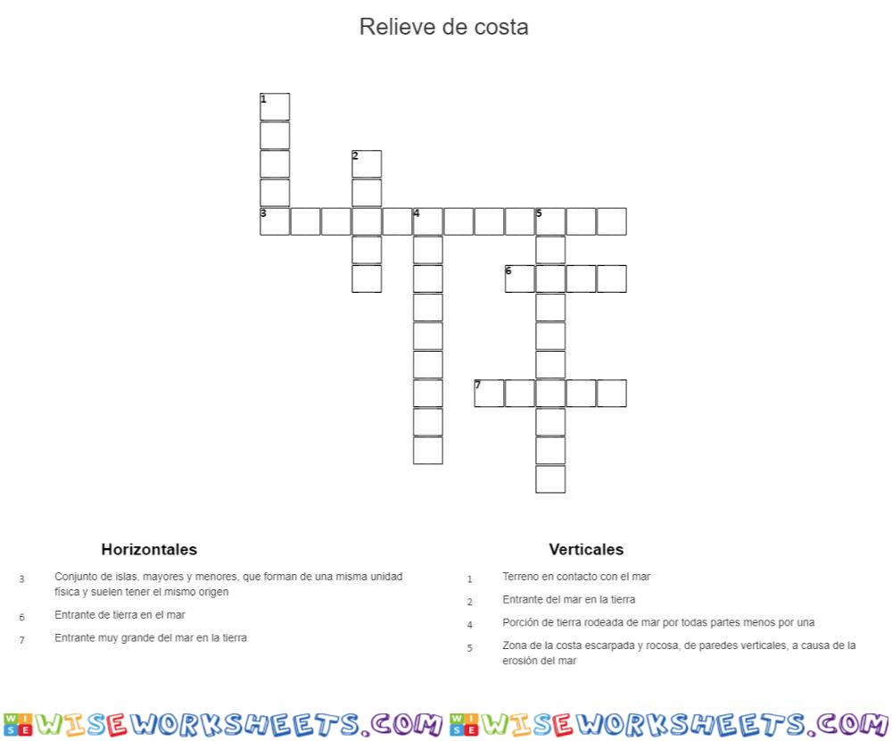 Crucigrama elementos del relieve de costa Worksheet Online WiseWorksheets