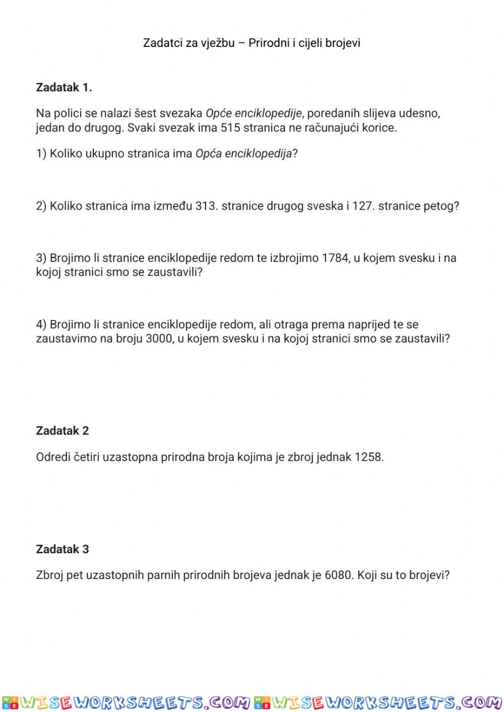 Prirodni i cijeli brojevi - vježba