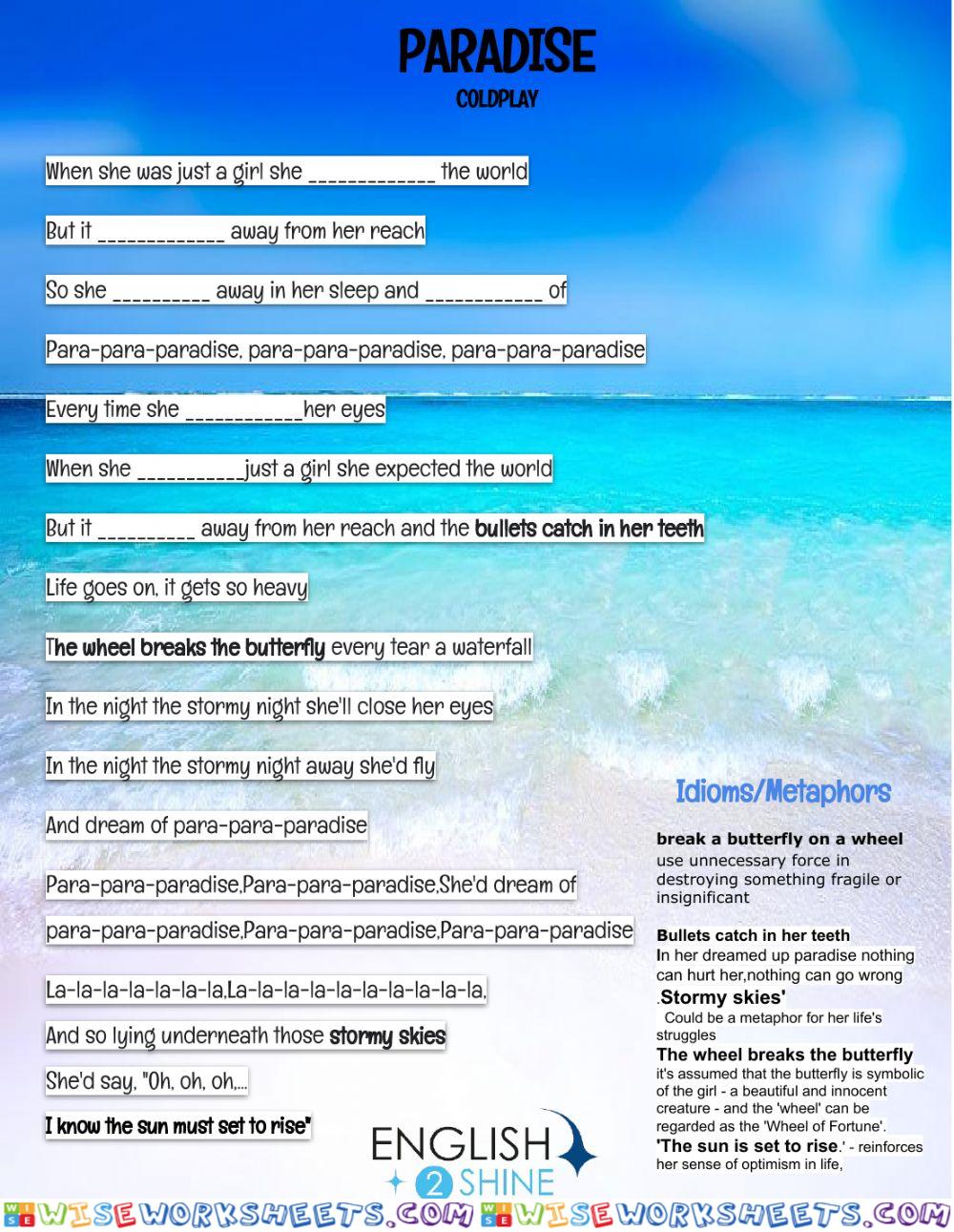 Coldplay Paradise Lyrics - ESL worksheet by isabelaaadias