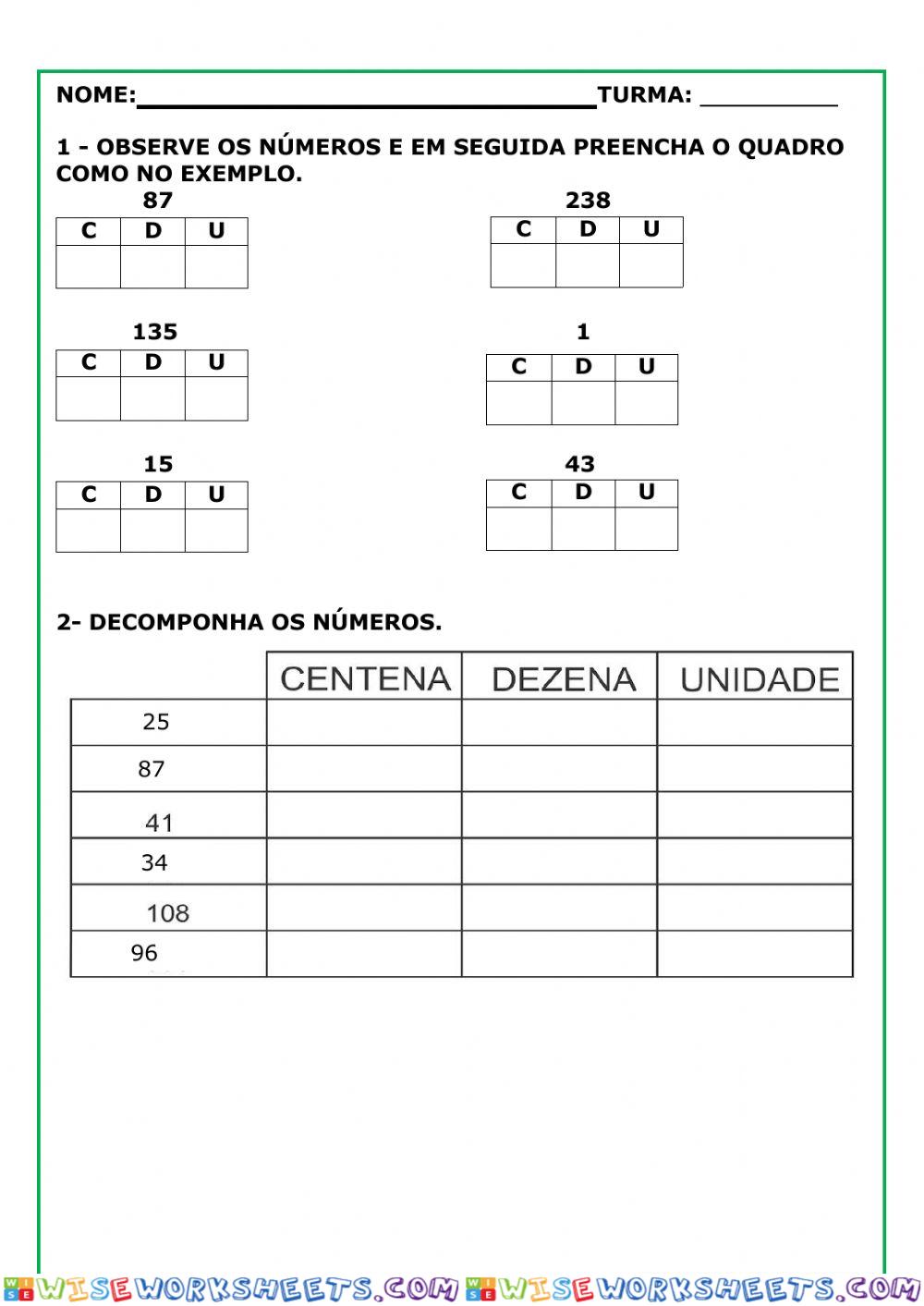 Centenas, dezenas e unidades