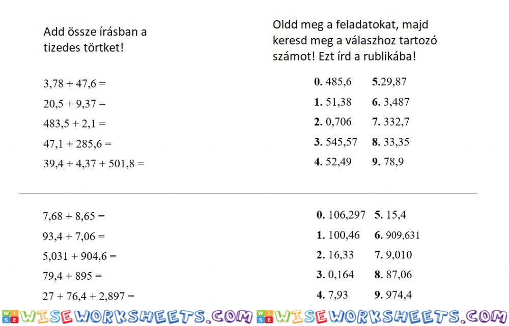 Tizedes törtek összeadása