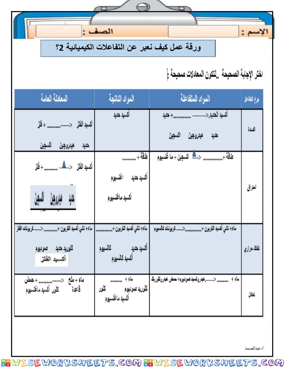 ورقة عمل كيف تعبر عن التفاعلات الكيميائية 2