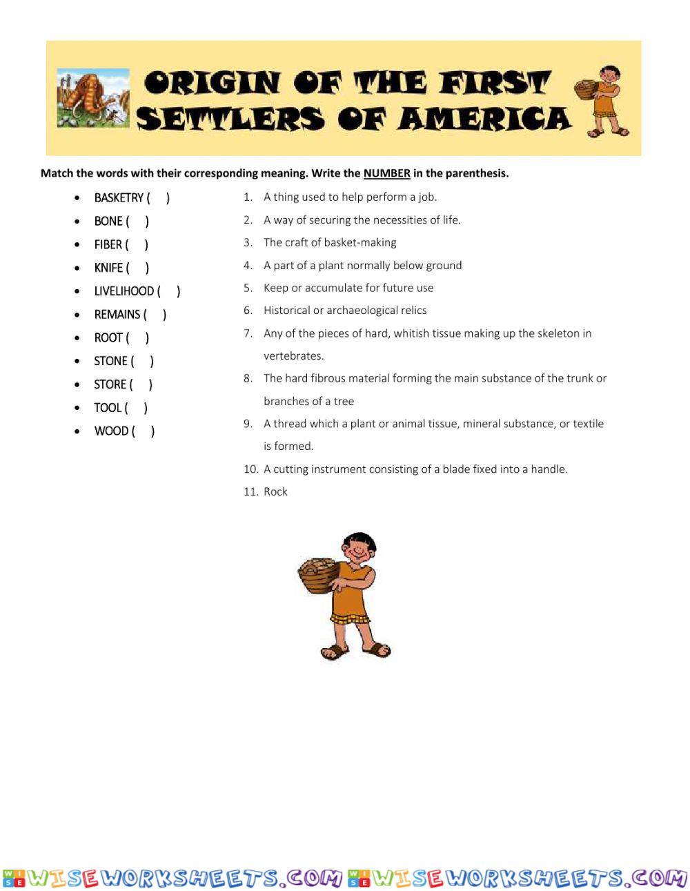 Origin of the first settlers of America vocabulary