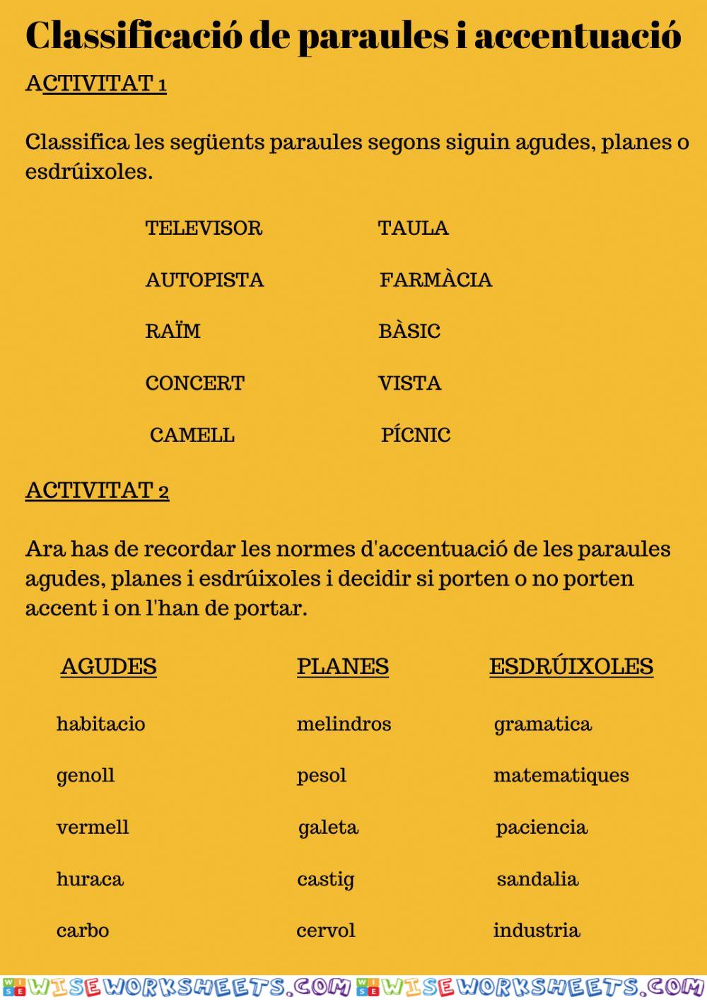 Classificació paraules i accentuació