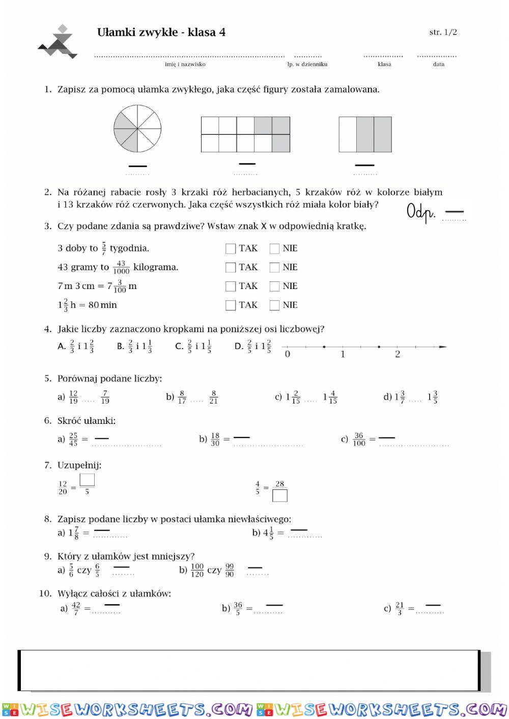 Ułamki zwykłe - sprawdzian klasa 4