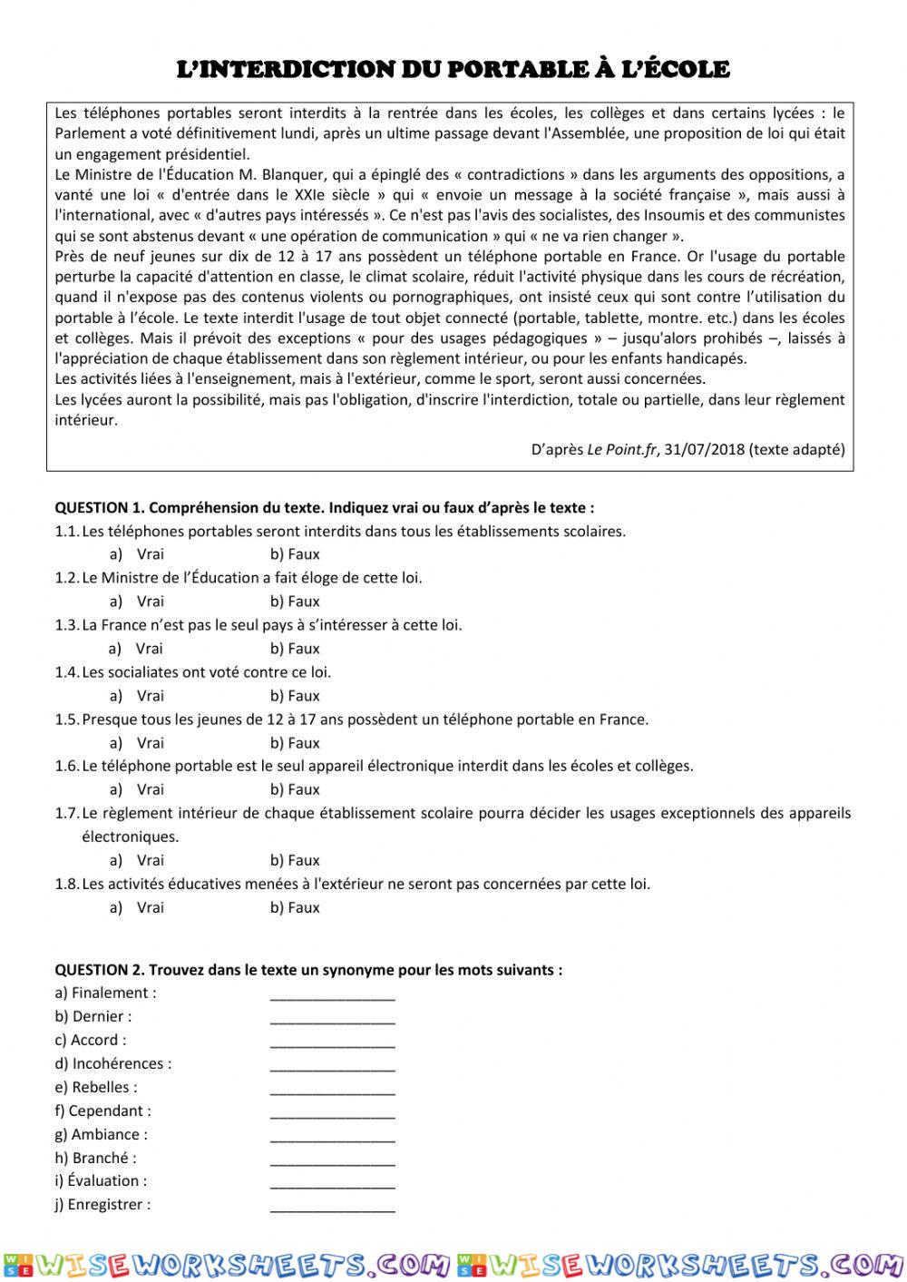 L'interdition du portable à l'école