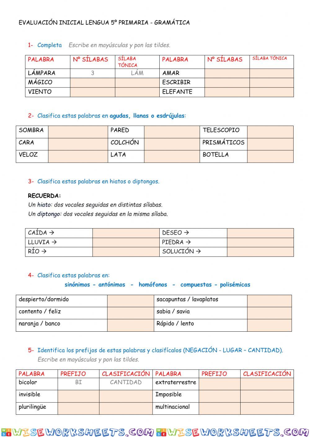 Gramática-evaluación inicial lengua