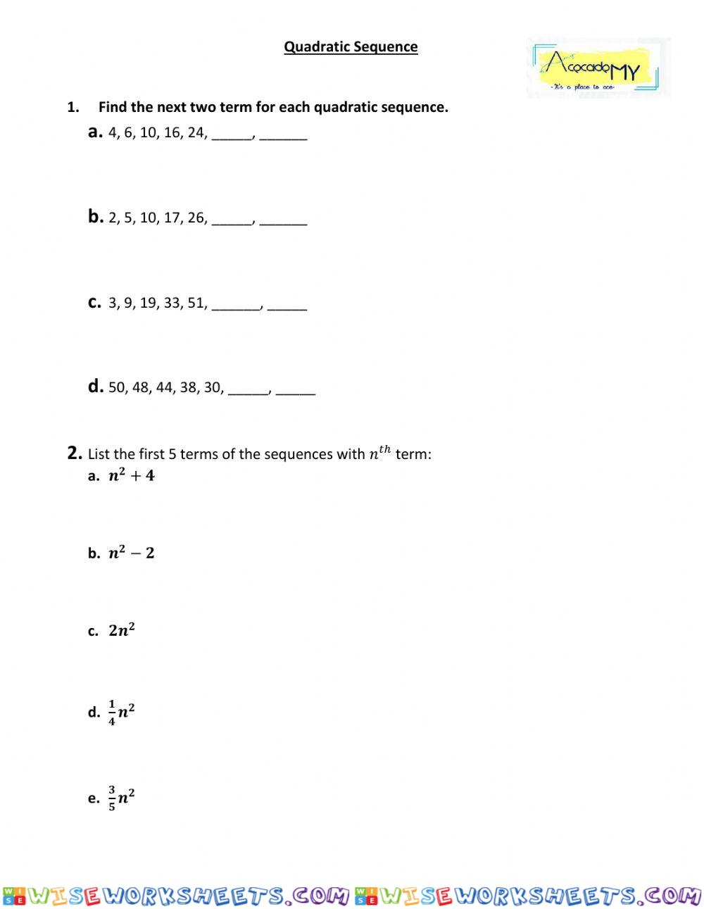 Quadratic Sequence Review