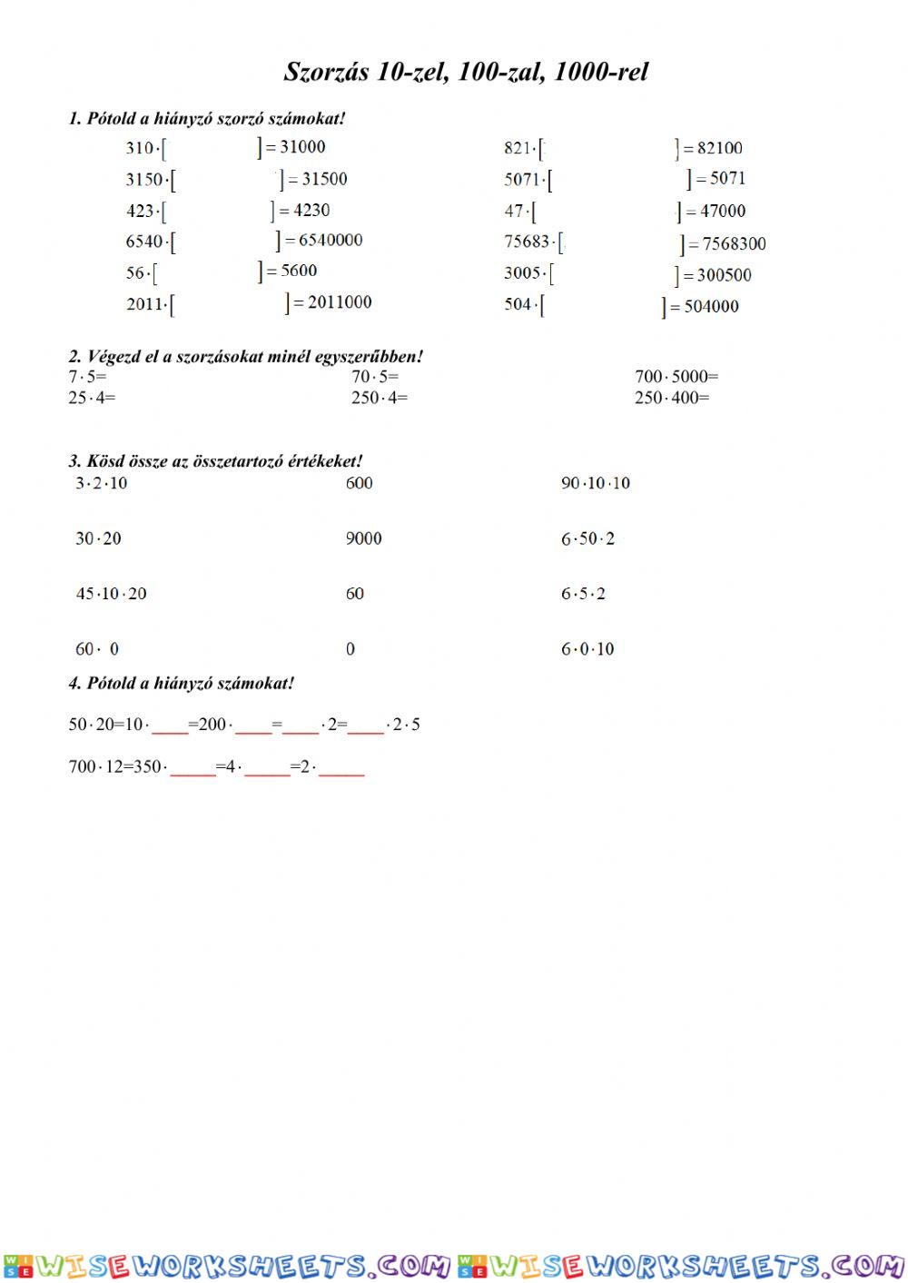 Természetes számok szorzása 10, 100, 1000