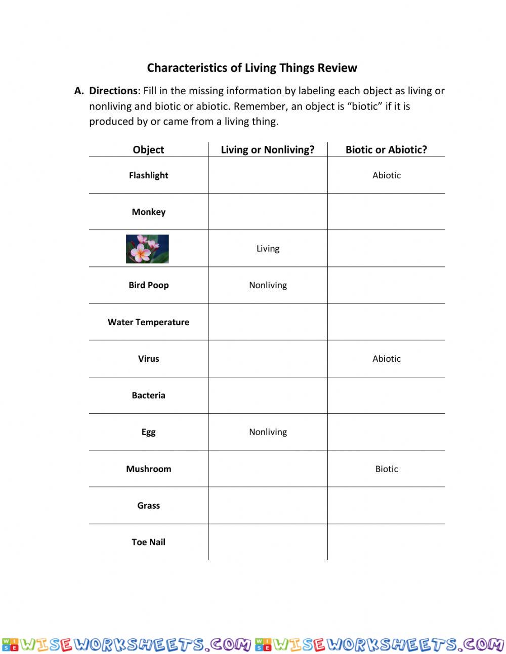 Characteristics of Living Things Review